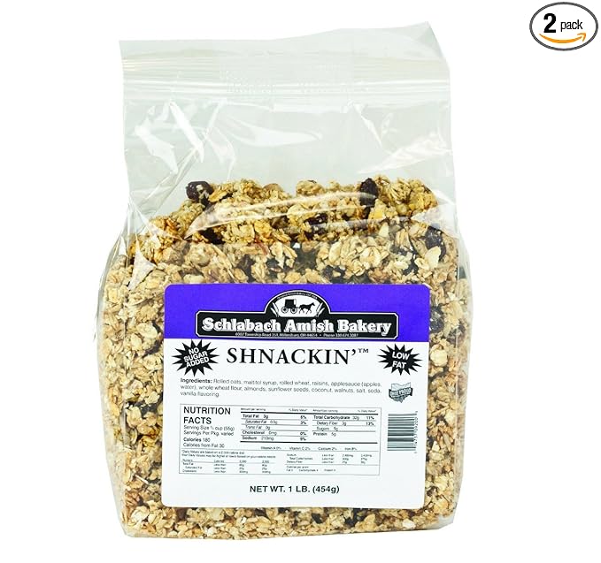 Schlabach Amish Bakery All Natural No Sugar Added Shnackin' Granola (Pack of 2 – 16 Oz. Bags)