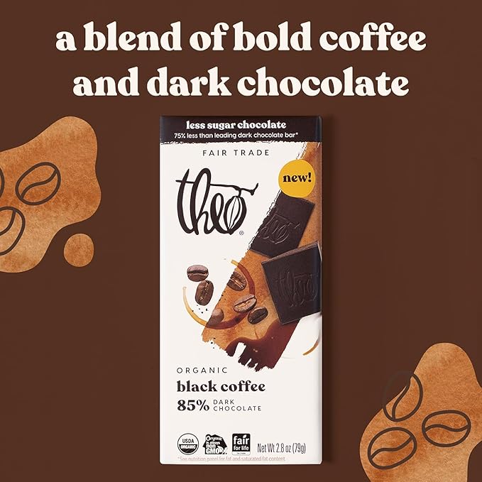Theo Chocolate Black Coffee Organic Dark Chocolate Bar 85% Cacao 6 Pack | Vegan Fair Trade