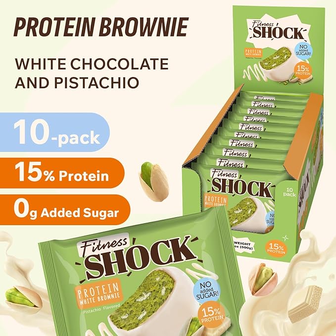 FitnesSHOCK Pistachio White Chocolate Protein Brownie – Low Sugar Dessert Snack (2g Total Sugar No Added Sugar) – Healthy Snack – 10 Count