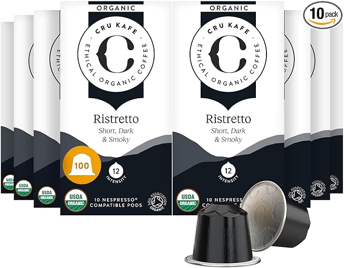 Cru Kafe Ristretto USDA Organic Espresso Coffee Capsules (100 Pods) Fairtrade Coffee Pods Compatible with Nespresso Original Line and Pixie Machines