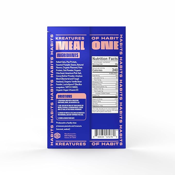Kreatures of Habit MEAL ONE | Overnight &amp Instant Superfood Protein Meal Replacement | Gluten Free Dairy Free 30g of Plant Based Protein With No Added Sugar | Vanilla | Pack of 7