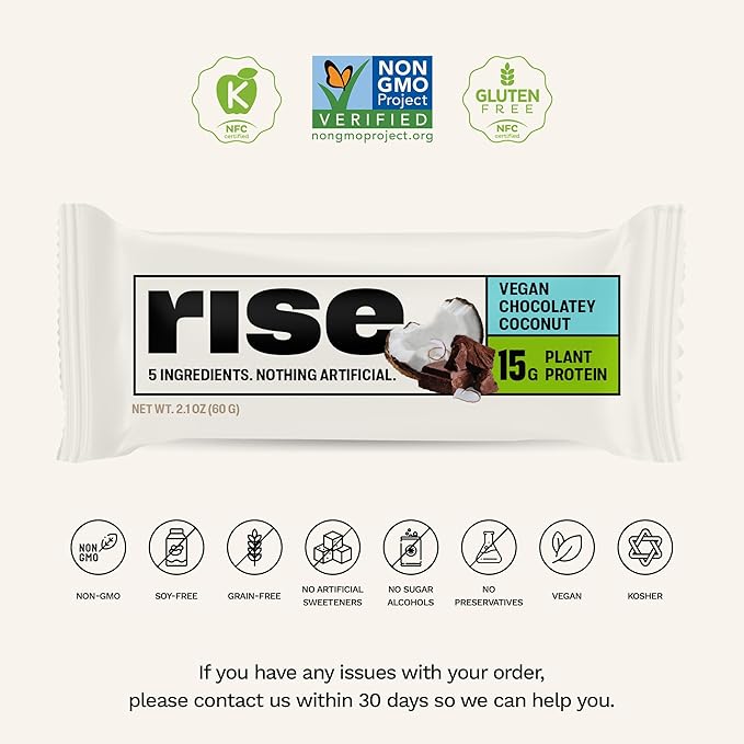 Rise Pea Protein Bar - Chocolately Coconut | Breakfast Bar &amp Protein Snack 15g Protein Just 5 Whole Food Ingredients Non-GMO Gluten-Free Soy Free