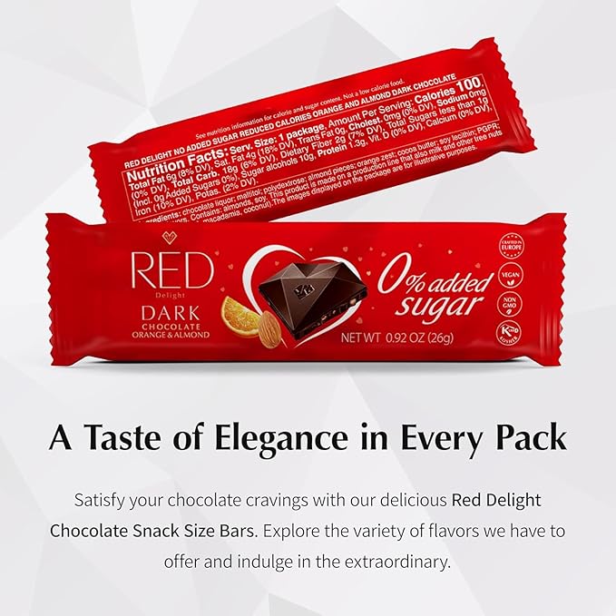 RED Delight®™ Orange and Almond Dark Chocolate 12 Count Box of Grab N Go Travel Size Bars (0.92 Ounces Each) (7 Boxes - Total of 84 Bars)