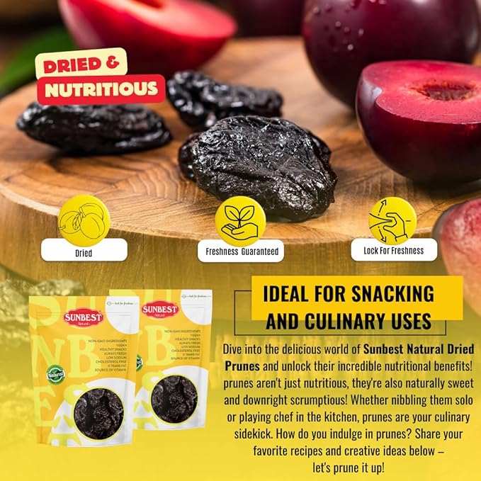 Sunbest Natural Dried Pitted Prunes 3 lbs – Unsweetened Jumbo Dried Plums – Juicy Healthy Snack Rich in Fiber &amp Potassium for Digestive Health (48oz)