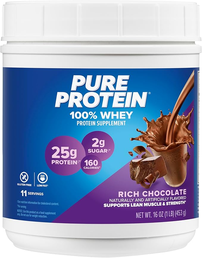 Pure Protein Powder Whey High Protein Low Sugar Gluten Free Rich Chocolate 1 lb