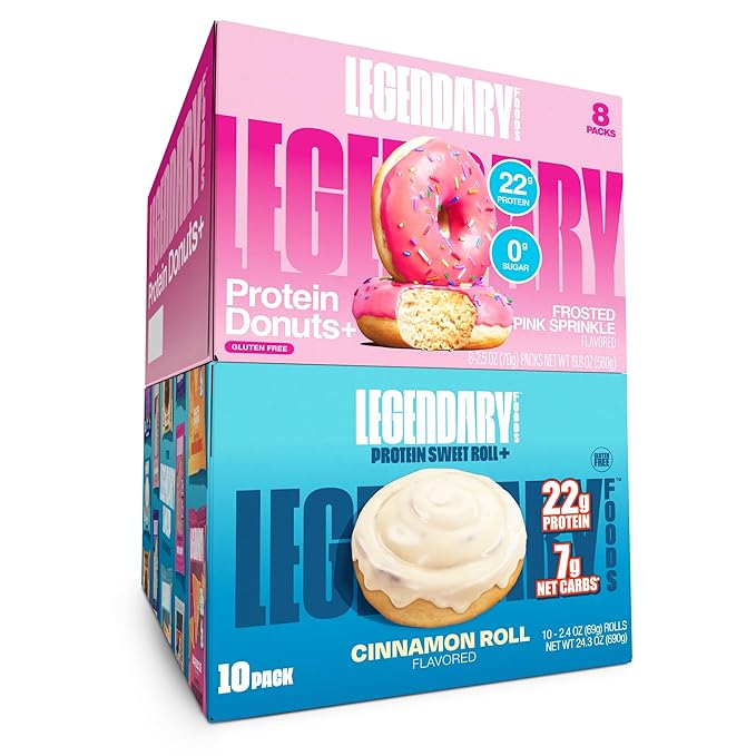 Legendary Foods 22 g Protein Roll and Donut Bundle 18 Pack - Low Carb Meal Replacement Bar - Gluten Free Protien Snacks - Healthy Keto Snack Box - Low Sugar Energy Bars - Bariatric Diabetic Friendly
