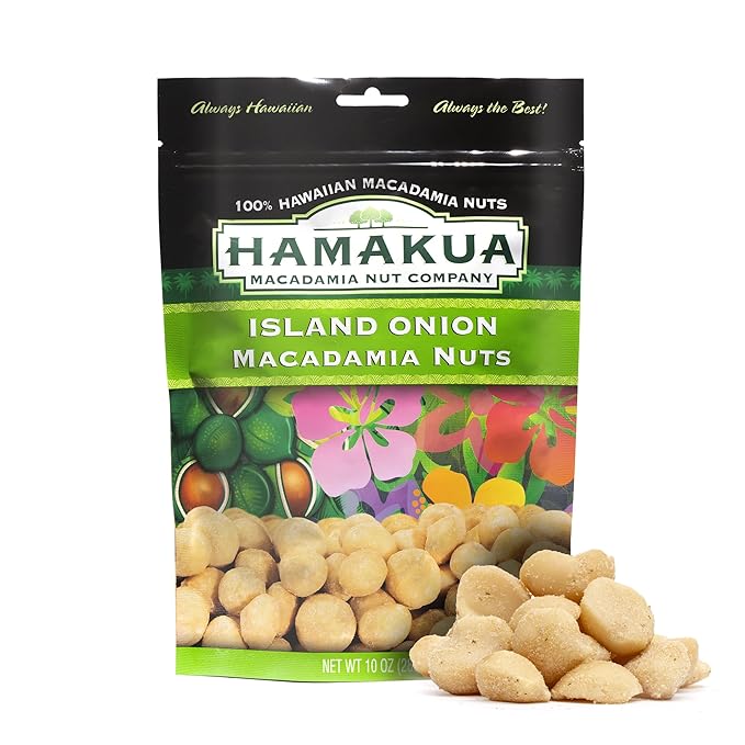 Hamakua Macadamia Nuts - Savory Island Onion - Hawaiian Grown Flavored Dry Roasted Half and Whole Macadamias - Natural Eco-Friendly Large Macadamia Nuts