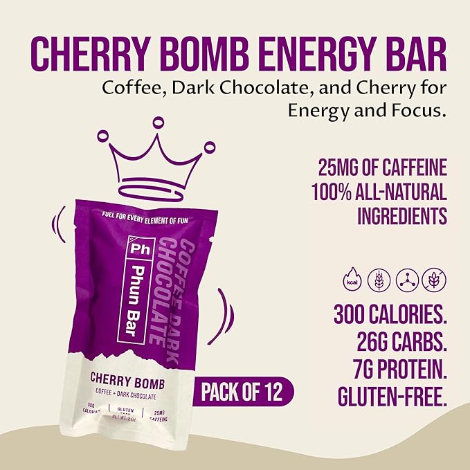 Phun Bar Cherry Bomb Energy Bars (Pack of 12) 25mg Caffeine | Coffee + Dark Chocolate + Cherry | Gluten-Free Sports Energy Bars for Cycling Hiking Training &amp Busy Days