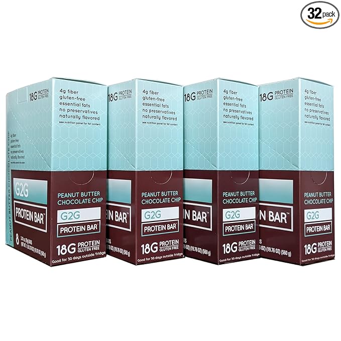 G2G Protein Bar Peanut Butter Chocolate Chip Real Food Refrigerated for Freshness Healthy Snack Delicious Meal Replacement Gluten-Free 32 Count (4 Packs of 8)