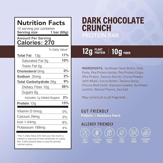 Amrita Nut Free Dark Chocolate Quinoa Vegan Protein Bars (12 CT PK of 3) | 12g Plant-Based Protein Bar | Peanut Free Gluten Free and Dairy Free | Low Sugar High Fiber Healthy School-Safe Snacks