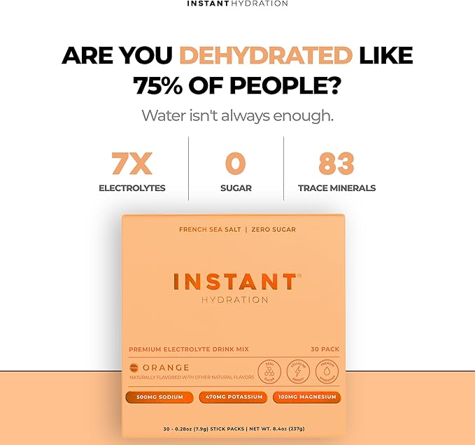 Instant Hydration Electrolytes Powder Packets - Citrus Orange Drink Mix - Zero Sugar - Keto Vegan Gluten-Free Non-GMO - Boost Recovery Brain Health Muscle &amp Tissue Support- 30 Sticks