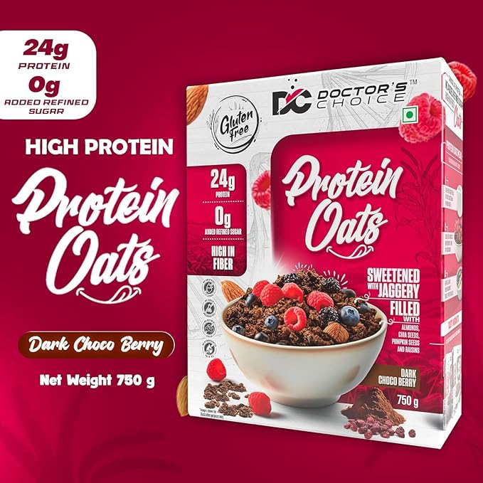 DOCTORS CHOICE Oats High Protein Oats 24g Pure Protein Breakfast Cereals Jaggery Sweetened Rich in Fiber No Additives and 0g Sugar. (750g Dark Choco Berry)