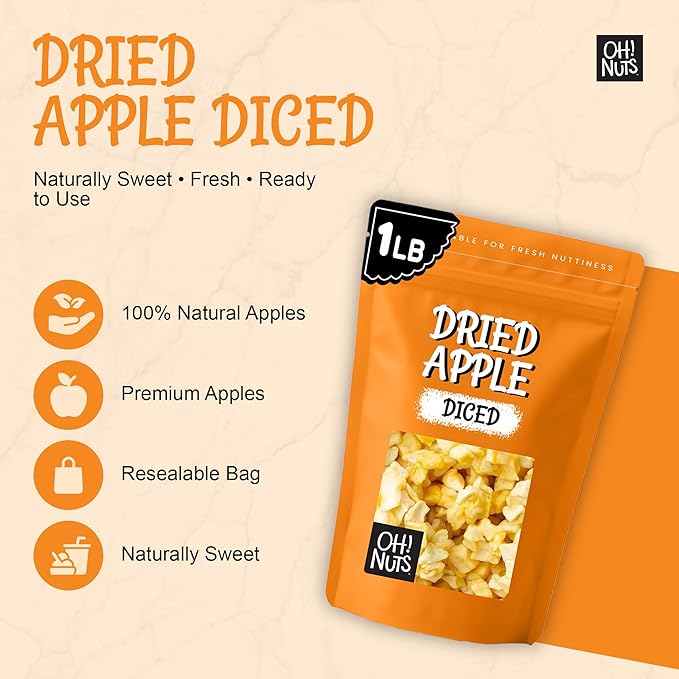 Oh! Nuts Dried Apple - 1 lb - Dried Fruit Diced - No Added Sugar - Dehydrated Fruit Bites - Packed in New York Zip-Seal Bag for Exceptional Freshness