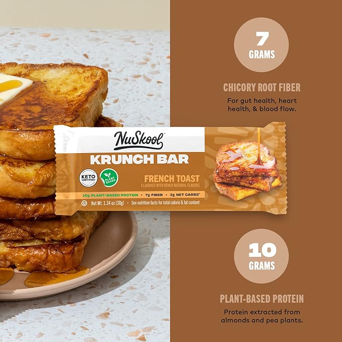 NuSkool Snacks French Toast Keto Friendly Protein Krunch Bars (12 Pack) - 7g Fiber 10g Clean Plant-Based Protein 3g Net Carbs - Gluten-Free Non-GMO Vegan Low Carb Keto Healthy Breakfast Snack
