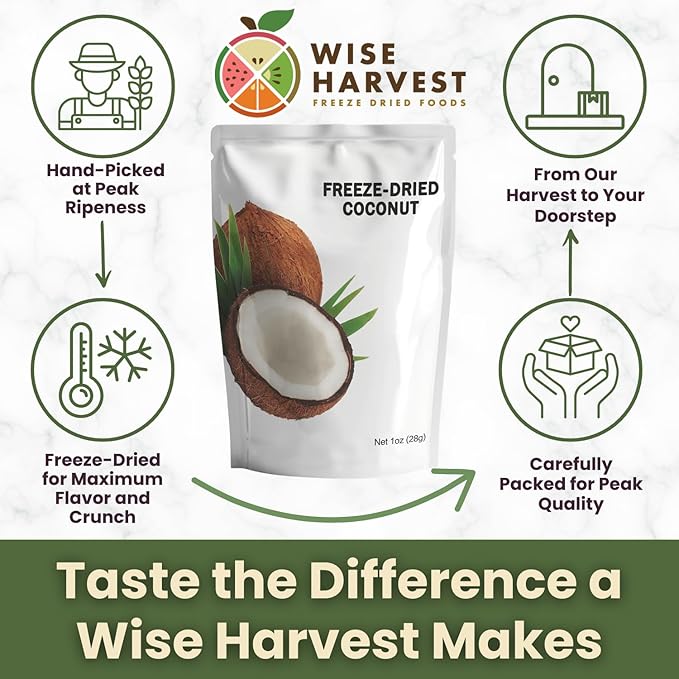 Wise Harvest Freeze-Dried Coconut – Five 1oz Packs | Single Ingredient Snack | 100% Real Fruit No Sugar Added Just Crunch | Healthy Vegan Gluten-Free Snack for Kids &amp Adults