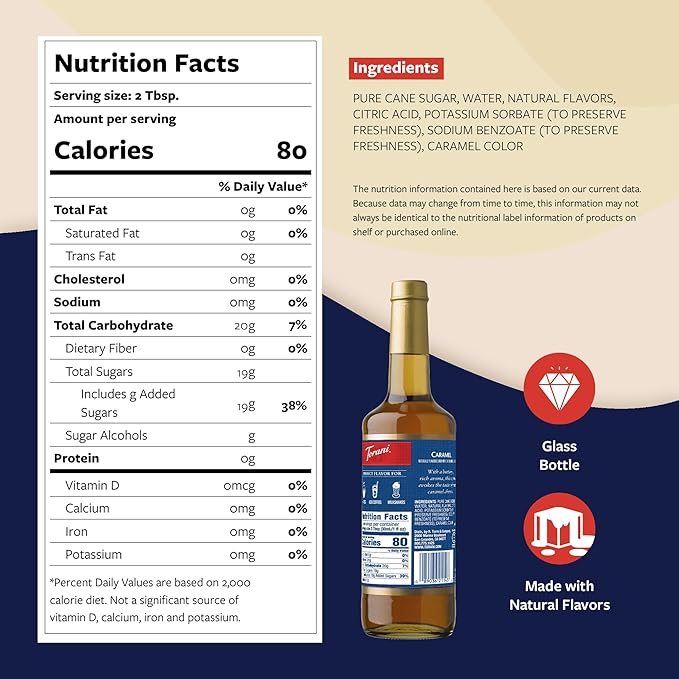 Torani Caramel Coffee Syrup for Drinks &amp Desserts Glass Bottle 4-Pack Pumps Included 25.4 Fl Oz Ea