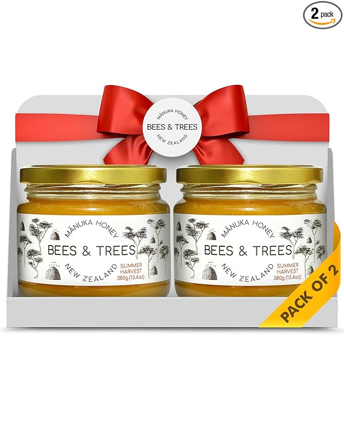Bees &amp Trees New Zealand Manuka Honey 550+ and 350+ MGO – Pure Raw Unpasteurized Monofloral Superfood Honey for Wellness &amp Vitality – Bioactive Nutrient-Rich Manuka Honey – 380g (2 pack)