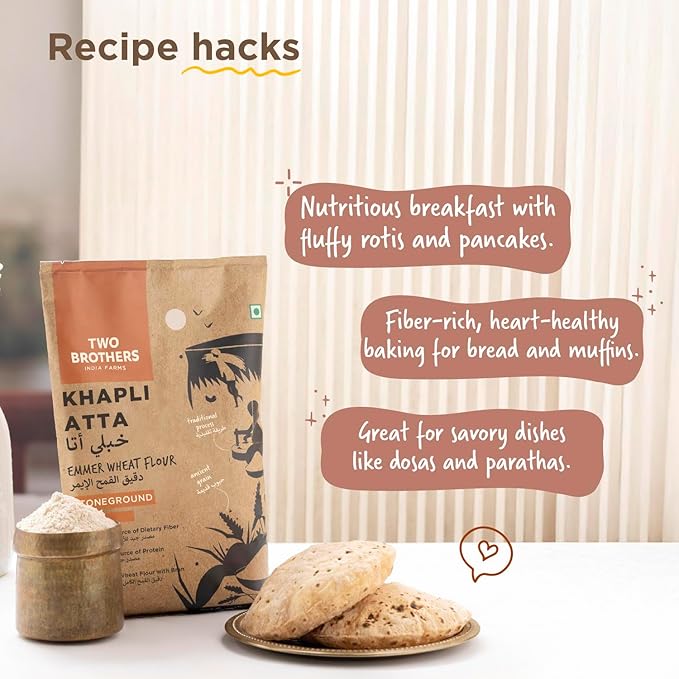 Two Brothers Organic Farms - Khapli Wheat Flour (2kg) | Low-Gluten Wheat Flour | High Dietary Fiber for Easy Digestion | Stoneground Emmer | Khapli Atta | Organic Atta (Pack of 1 kg x 2)