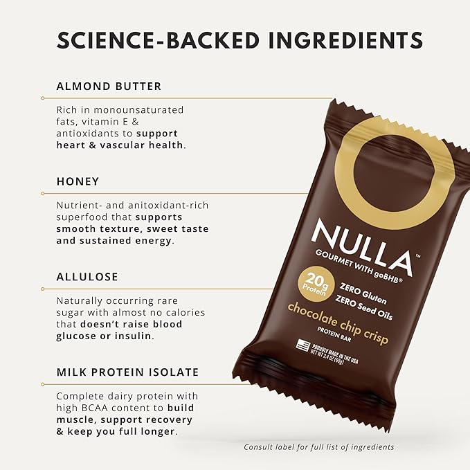 Nulla Gourmet Protein Bar with goBHB &amp Honey – Chocolate Chip Crisp – 20g Protein Zero Seed Oils Gluten Free Dual-Fuel Performance Energy Snack – Clean Ingredients