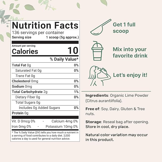 Organic Freeze-Dried Lime Powder 1.5lbs | Raw Lime Juice Flavor Sugar Free Drink Mix Rich in Vitamin C | Water Flavor Enhancer Great for Beverages &amp Smoothies | Additive Free Non-GMO