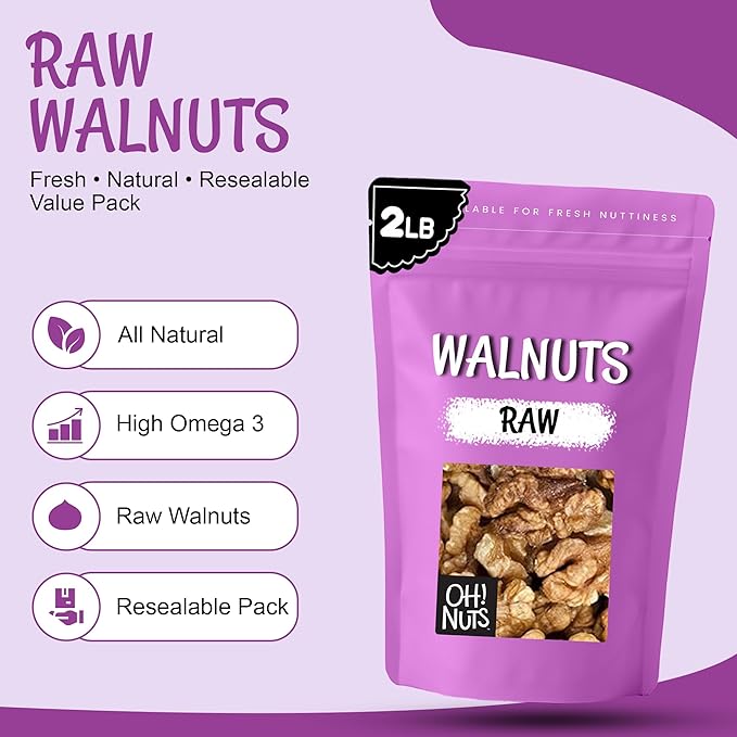 Oh! Nuts Raw Walnuts 2lb Bulk Bag - Unshelled Healthy Mix of Chandler Halves &amp Pieces - Fresh &amp Healthy Keto Snacks - Chopped Nuts for Vegan Paleo &amp Gluten-Free Diets - For Gourmet Baking