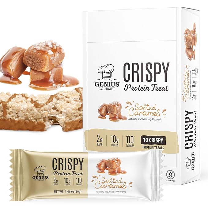Genius Gourmet Crispy Protein Treat Salted Caramel Keto Snack Low Carb Low Sugar &amp Gluten Free Protein Snacks for Adults 10G of Whey Protein per Protein Bar 5 Net Carbs On The Go Snack 20