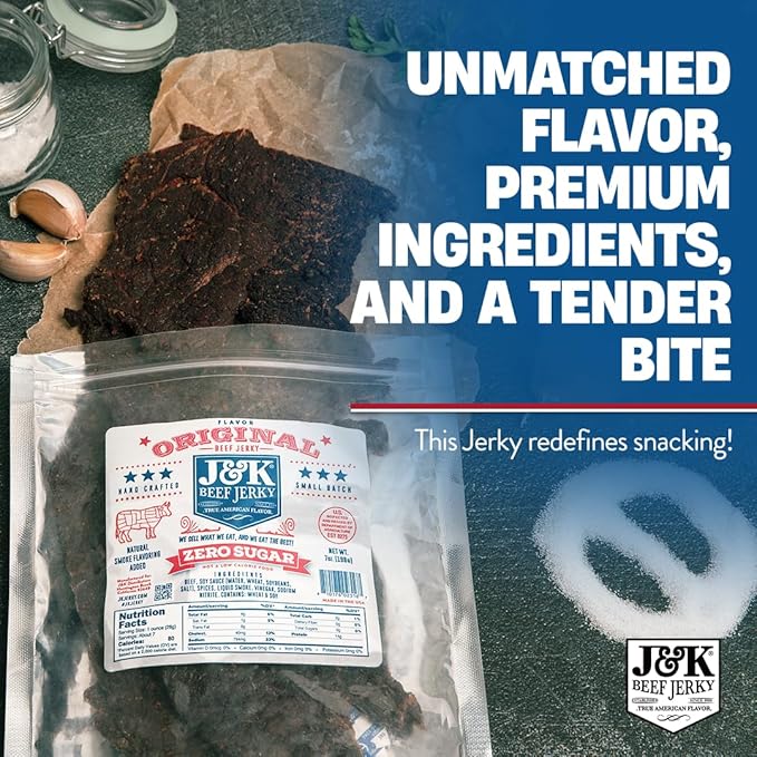 J&ampK Sugar-Free Original Beef Jerky - Real Premium Smoked Beef with Double Tenderness - Paleo &amp Keto Friendly Sourced &amp Made in California USA - 7oz