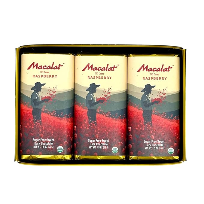 Macalat Raspberry Bar Sugar-Free Sweet Dark Chocolate with Organic Raspberry 70% Peruvian Organic Cacao Bitter-Free Allulose and Monkfruit Chocolate Bar Vegan Non-GMO Keto (12 Bar Case)