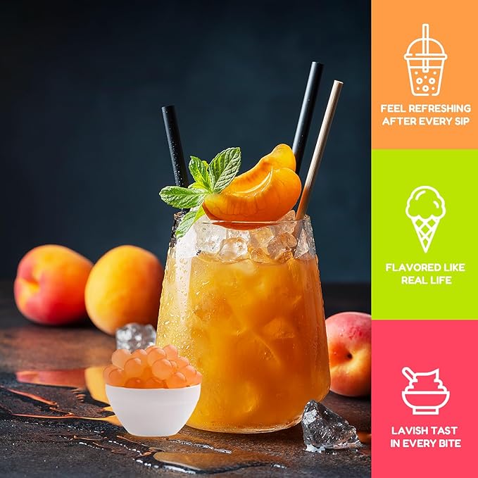Fanale Peach Popping Boba Pearls Vegan Non GMO Gluten Free Fat Free Perfect for Bubble Tea Smoothies Ice Cream Desserts and Beverages | FPB010