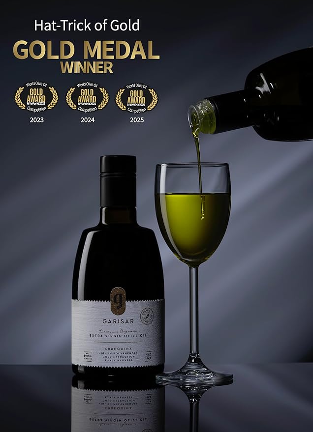 Garisar High In Polyphenol Premium Extra Virgin Olive Oil (&gt600 ppm) Low Acidity (max 0.2%) NYIOOC 2025 Gold Medal Winner Organic Agriculture Hand Picked Cold Pressed 100% Arbequina Pack of
