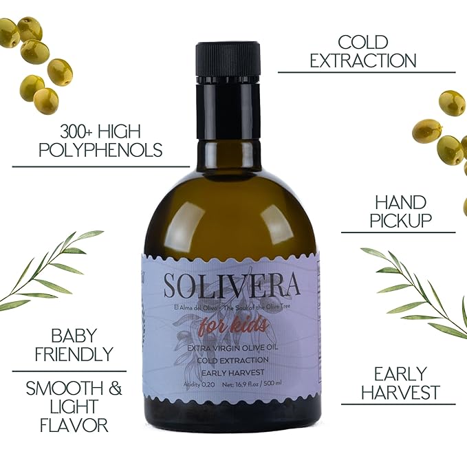 Solivera Mini Verde Extra Virgin Olive Oil Cold Pressed 300+ High Polyphenols Baby-Friendly Blend Smooth &amp Light Single-Origin Organic Olive Oil Hand Picked Early Harvest - 16.8 fl. oz. (Mini