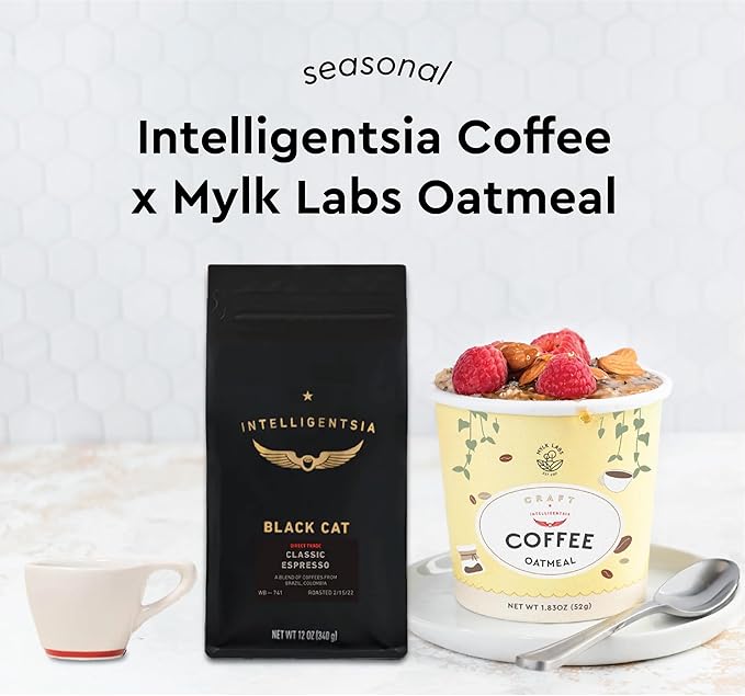 Mylk Labs Intelligentsia Coffee Oatmeal Cups Single-Serve Whole Grain Low Sugar High Fiber Breakfast Quick &amp Easy On the Go Instant Oatmeal Rolled Oats Gluten Free Vegan Nut Free 6 Pac