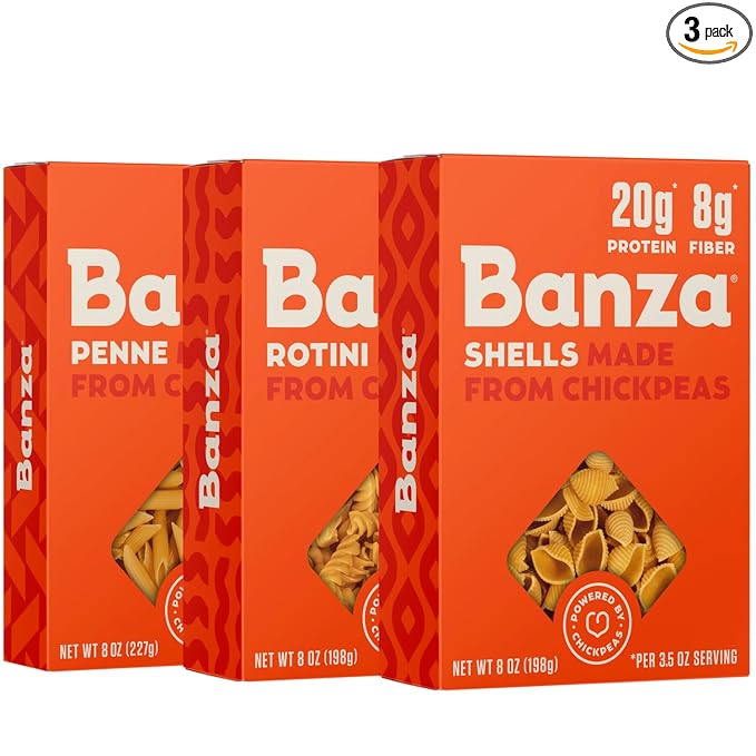Banza Banza Chickpea Pasta Variety Pack (1 Penne/1 Rotini/1 Shells) - Gluten Free Healthy Pasta High Protein Lower Carb and Non-GMO 8 Ounce (Pack of 3)