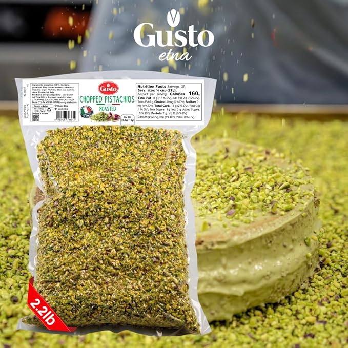 Pistachios Roasted Chopped 2.2 lb (1 kg) Dry Roasted Unsalted Pistachio Crumbles Chopped Pistachios nuts for ice cream sundaes Gusto Etna Non GMO Product of Italy
