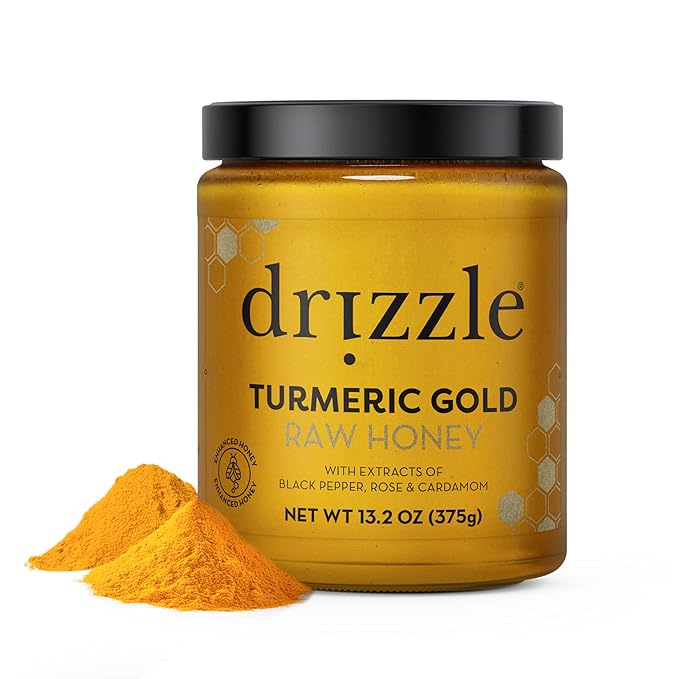 Drizzle Turmeric Gold Raw Honey - All Natural Pure Raw Honey with Organic Turmeric Unfiltered Use in Tea Golden Milk &amp Coffee Sugar Substitute Certified Kosher - 13.2 oz Jar (375 g)
