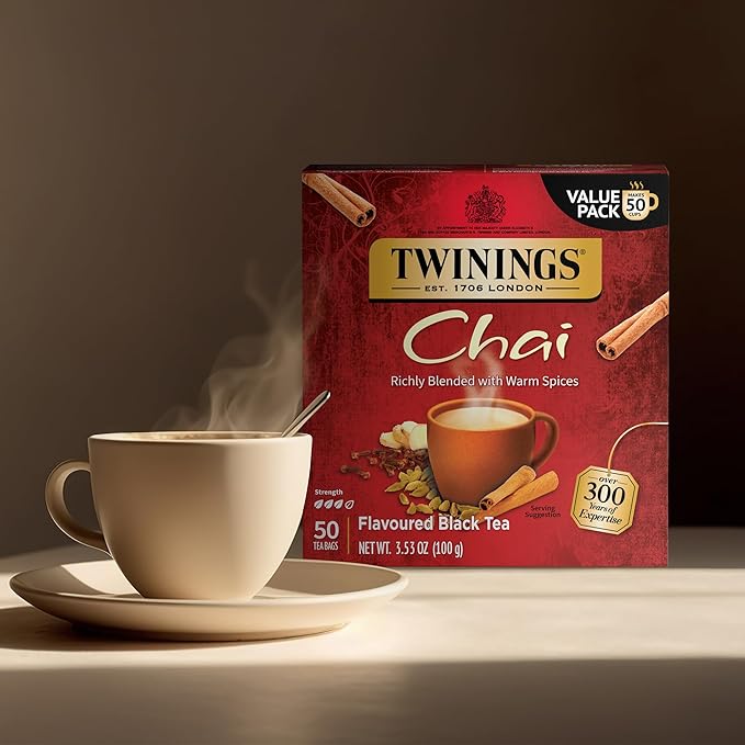 Twinings Chai Black Tea Individually Wrapped Bags 50 Count (Pack of 6) Sweet Savoury Spices Caffeinated Enjoy Hot or Iced 300 Teabags