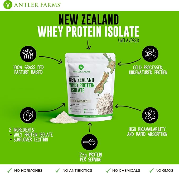 Antler Farms - 100% Grass Fed New Zealand Whey Protein Isolate Unflavored 2 lbs - Pure and Clean 2 Ingredients Delicious Cold Processed