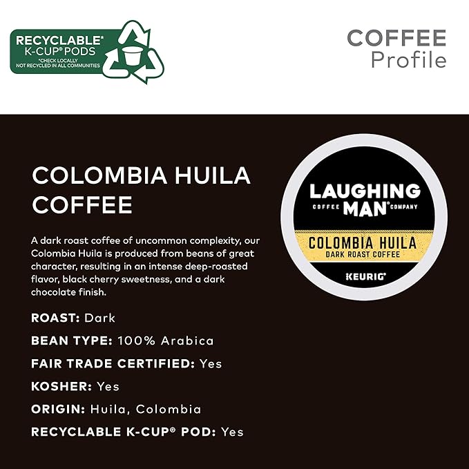 Laughing Man Colombia Huila Keurig Single-Serve K-Cup Pods Dark Roast Coffee 60 Count (6 Packs of 10)