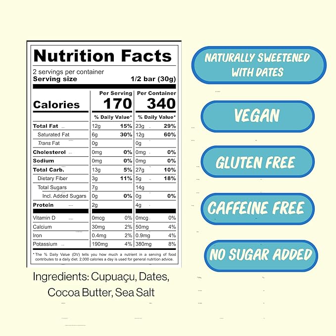 Figa Foods 63% Salty Cupuaçu Bar - Date Sweetened Vegan Gluten Free Caffeine Free Only 3 Ingredients plus Sea Salt - Chocolate's Brazilian Cousin [60g] - 3 Pack