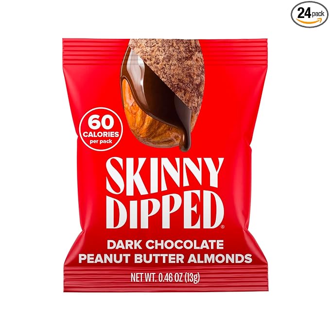 SkinnyDipped Dark Chocolate Peanut Butter Almonds Healthy Snack Plant Protein Gluten Free 0.46 oz Mini Bags Pack of 24