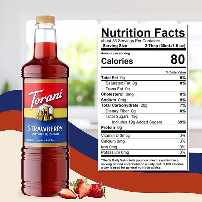 Torani Strawberry Syrup 1 Liter Bottle with Pump – Premium Drink Flavoring Made with Pure Cane Sugar &amp Natural Flavors for Coffee Cocktails Mocktails Lemonades &amp Desserts – Café-Quality Swe