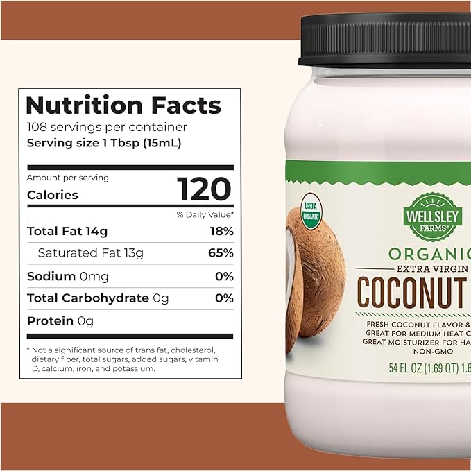Wellsley Farms Organic Extra Virgin Coconut Oil - Unrefined 100% Pure &amp Natural - Vegan Non-GMO Gluten-Free and Keto-Friendly Cooking Coconut Oil - Ideal for Skin Care &amp Hair Care - 54 oz (