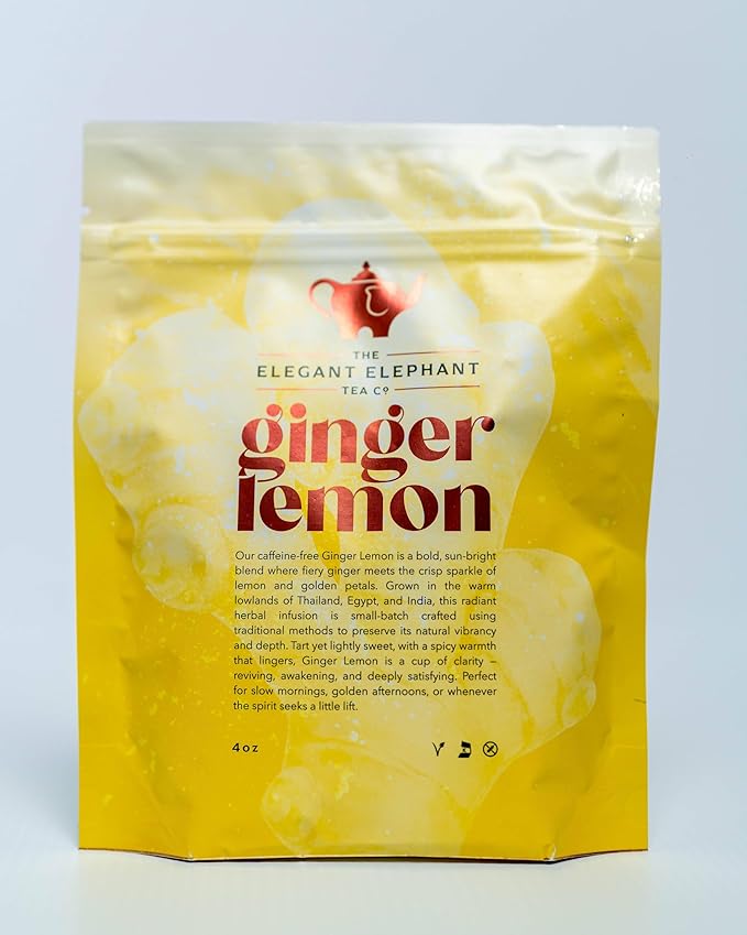 Ginger Lemon Tea Loose Leaf Herbal Tea – Helps Reduce Nausea and Motion Sickness – Detox &amp Immunity Support – Drink Hot or Iced – 4 oz Resealable Bag (Makes 50 Cups) – The Elegant Elephant