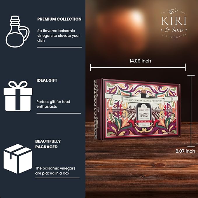 Kiri &amp Sons Balsamic Vinegar Gourmet Gift Set of 6 - Premium Made In Italy Natural Flavors Include Garlic Chili Fig Basil Lemon &amp Classic Italian Crafted Glaze For Cooking