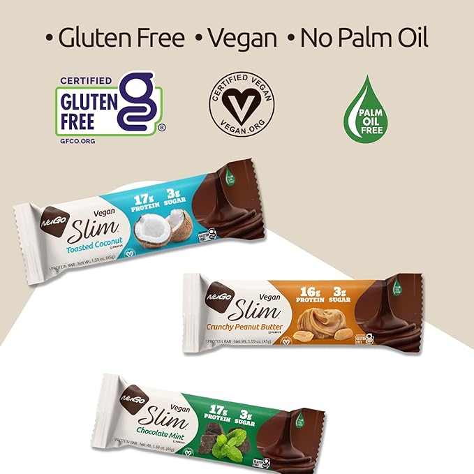 NuGo Slim Vegan Variety - Crunchy Peanut Butter 12 bars &amp Chocolate Mint 12 bars Low Net Carb Keto Friendly 16-17g Plant Based Protein Gluten Free 24 count