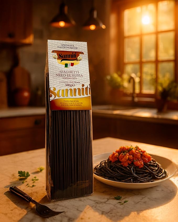 Sanniti Nero di Seppia Spaghetti 500g | Premium Italian Squid Ink Pasta | Rich Gourmet Flavor | Crafted in Italy (Pack of 4)