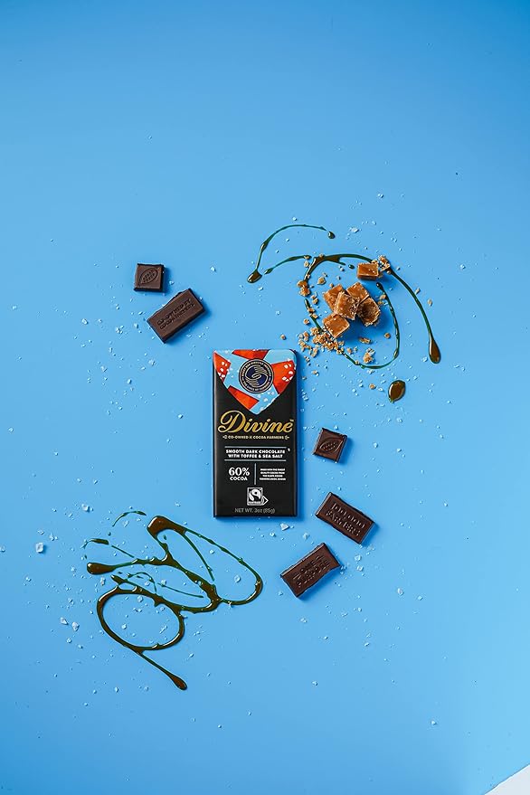 Divine Chocolate Bars - 60% Dark Chocolate with Toffee &amp Sea Salt - Made with Fairtrade Cocoa Natural Ingredients No Artificial Flavors | 3oz. Bars (12 Pack)