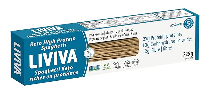 LIVIVA Low Carb High Protein KETO Pasta – 135 g Protein per Box with Pea Protein &amp Konjac Flour - 8g Net Carbs Diabetic-Friendly - Ready to Eat in 3 – 4 mins - Healthy Al Dente Pasta (6 Pack Spa