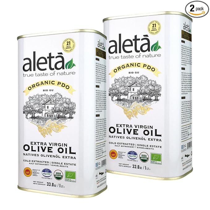 Aleta Organic &amp PDO Extra Virgin Olive Oil 2025 Gold Award Certified Single Estate Crete Greece First-Cold Press 1 Lt (33.8 oz.) Tin Pack of 2
