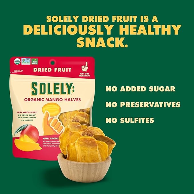 SOLELY - Organic Dried Mango Strips with Chili and Salt (2.8 oz Resealable Bags Pack of 4) Real Fresh Fruit - Healthy Snacks for Adults &amp Kids - Non GMO Vegan Snacks Shelf Stable - 4 Bags (11.2